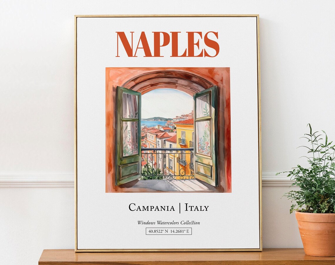 Naples Campania Italy Travel Poster, Watercolor Illustration
