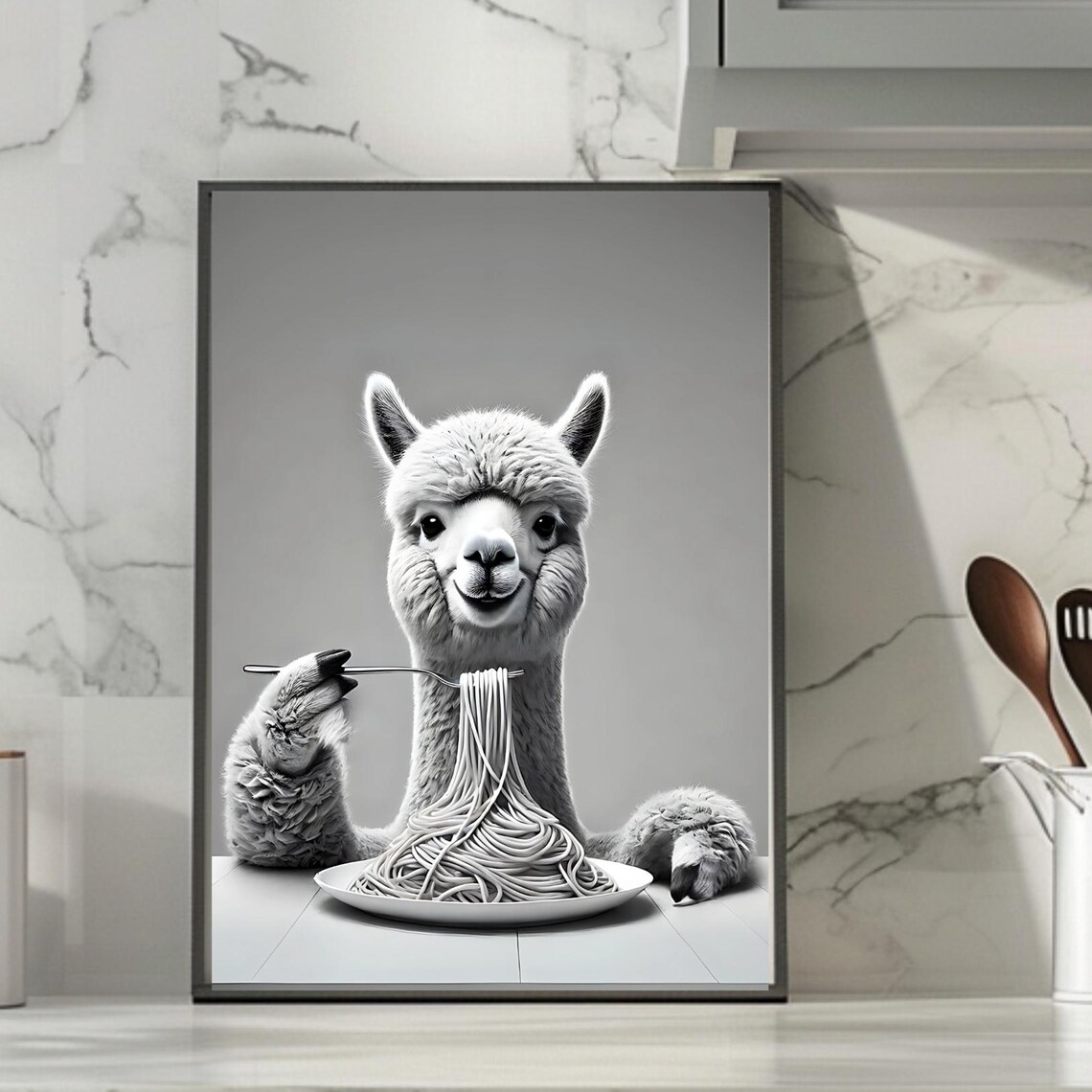 Funny Alpaca With Spaghetti, Kitchen Humorous Poster