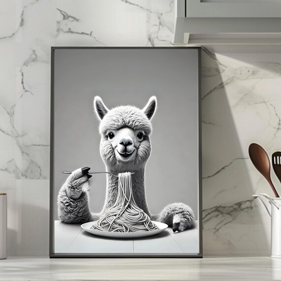 Funny Alpaca With Spaghetti, Kitchen Humorous Poster