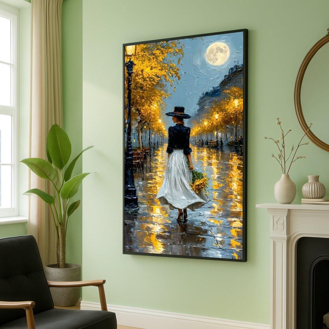 Elegant Woman Walking Moonlit Autumn Street Romantic Art Poster