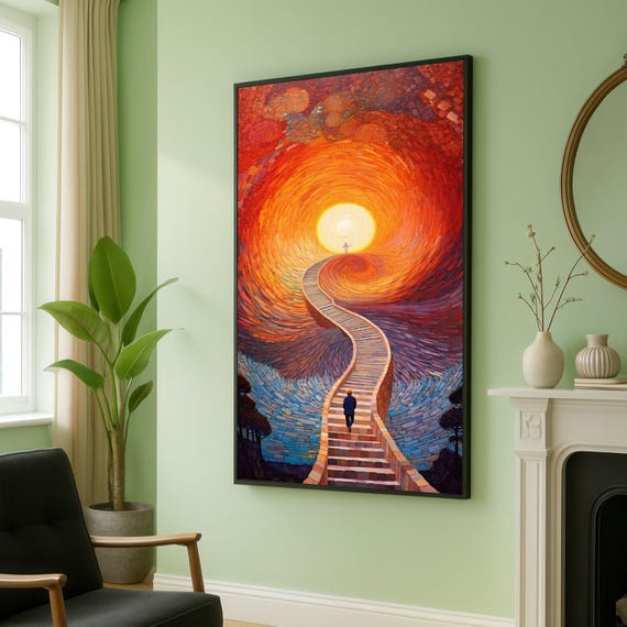Surreal Sunset Pathway Canvas Spiritual Journey Wall Art Abstract Staircase Inspirational Home Decor Vibrant Colorful