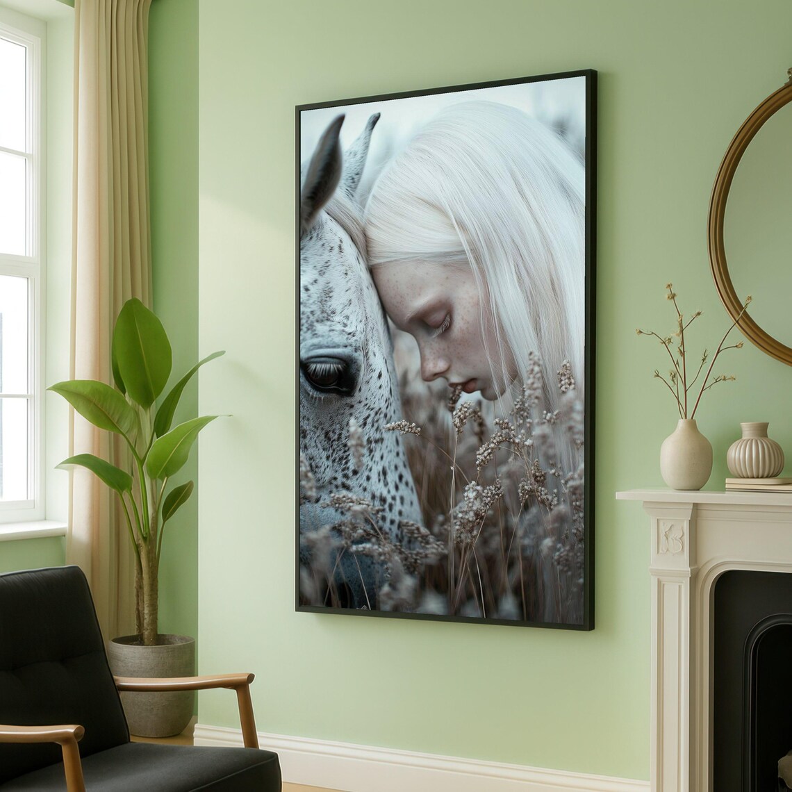 Woman and White Horse Emotional Close Up Portrait Nature Wall Art