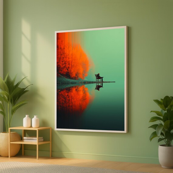 Red Autumn Trees Reflection Solitary Figure On Misty Lake Art Poster