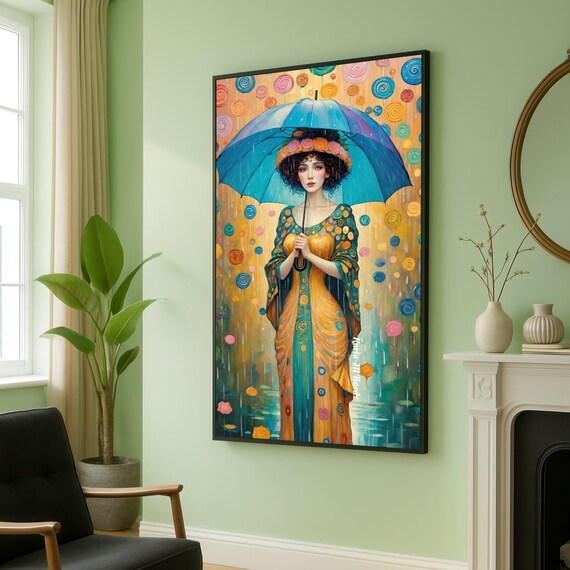 Elegant Woman With Blue Umbrella Canvas Colorful Raindrop Abstract Art Modern Portrait Wall Decorative Home Painting