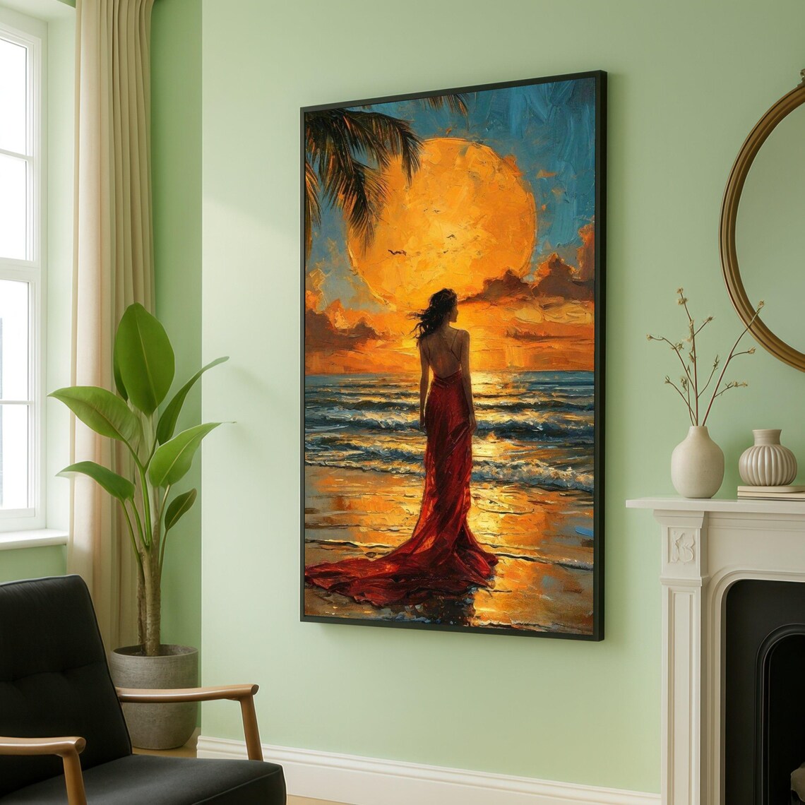 Woman In Flowing Red Dress On Sunset Beach Romantic Art Poster