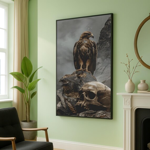 Dark Hawk Perched On Rock With Skull Gothic Nature Art Poster