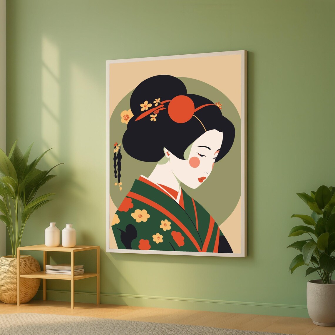 Elegant Japanese Geisha Portrait Green Floral Kimono Art Print