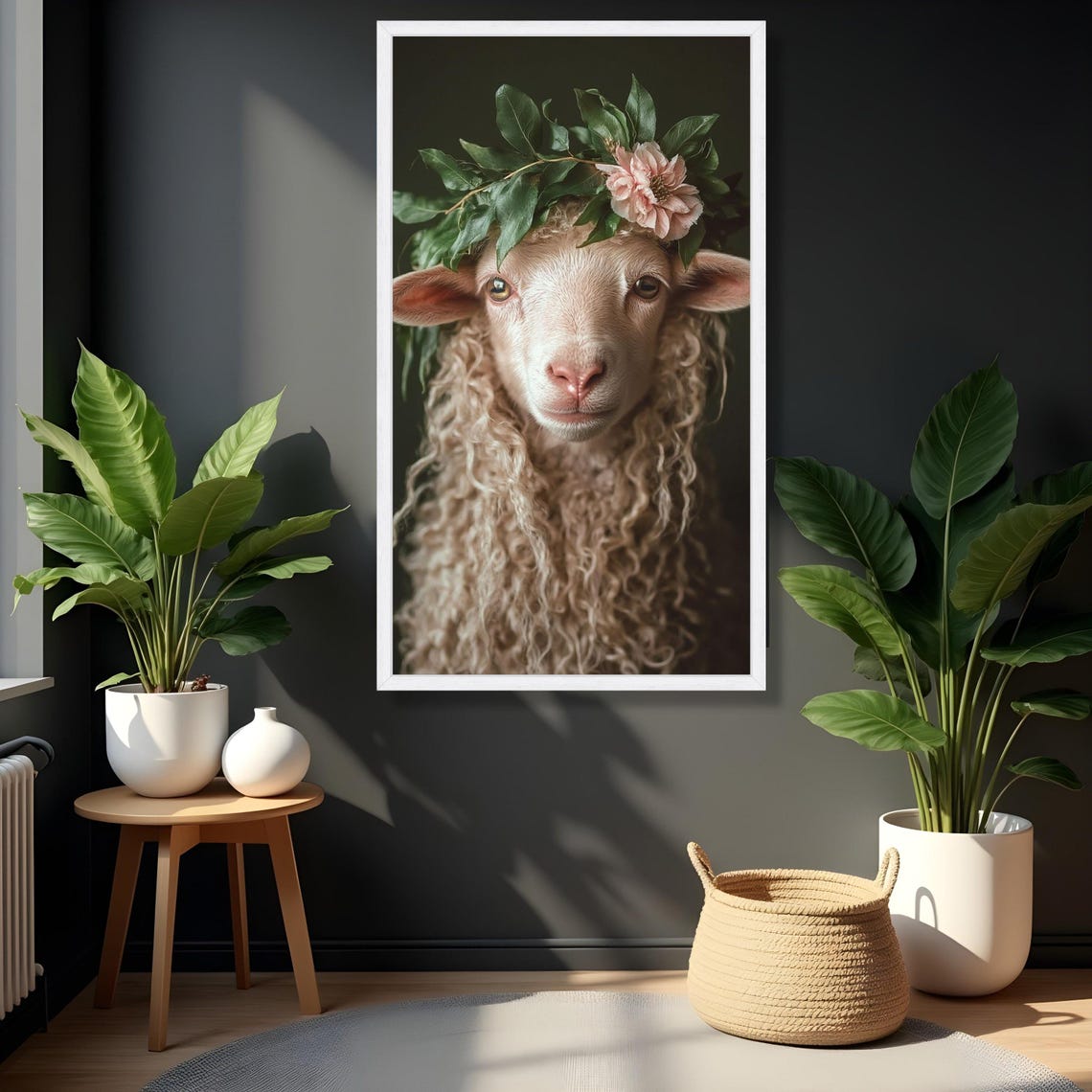 Lamb Portrait with Flower Crown Rustic Farmhouse Cute Sheep Poster