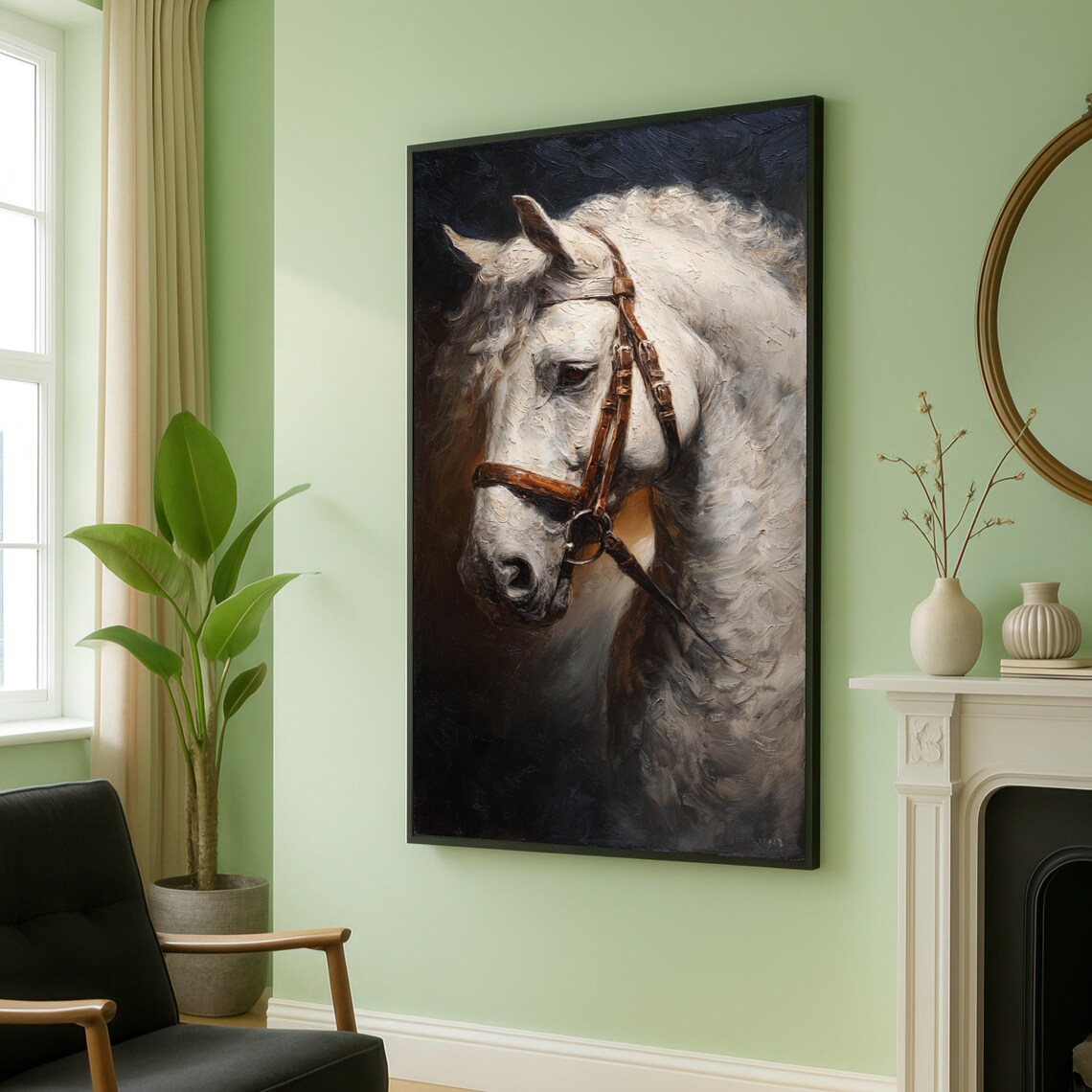 Elegant White Horse Portrait With Leather Bridle Oil Painting Poster
