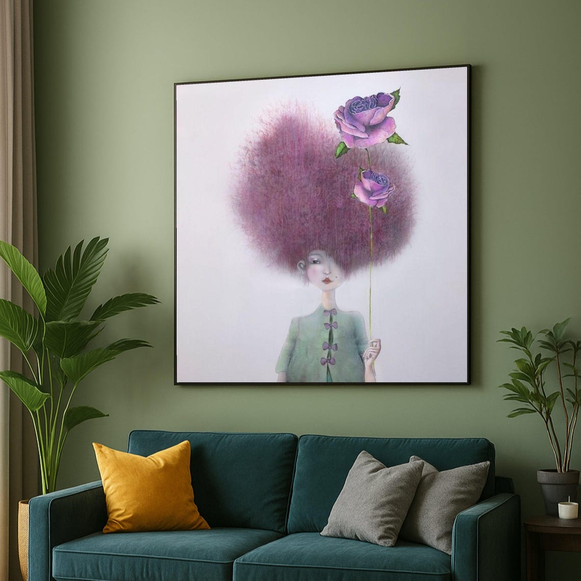 Whimsical Girl With Purple Afro Holding Rose Portrait Art Poster