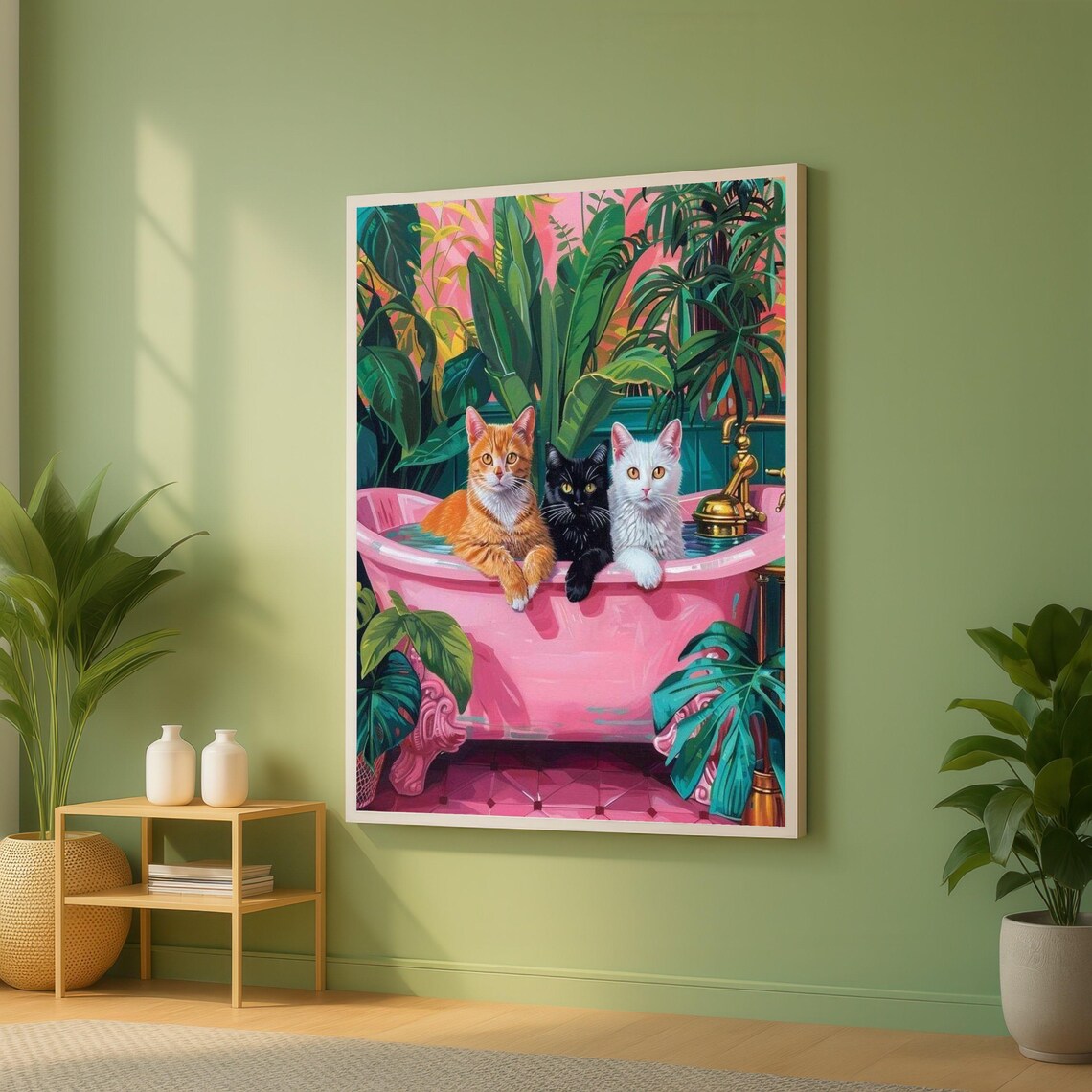 Three Cats In Pink Bathtub Tropical Plants Whimsical Feline Funny Poster