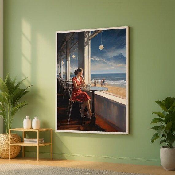 Edward Hopper Style Woman in Red Dress Seaside Cafe Figurative Print