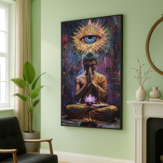 Enlightened Buddha Meditation Canvas Spiritual Wall Art Third Eye Symbol Flower Painting Zen Home Decor Tranquil