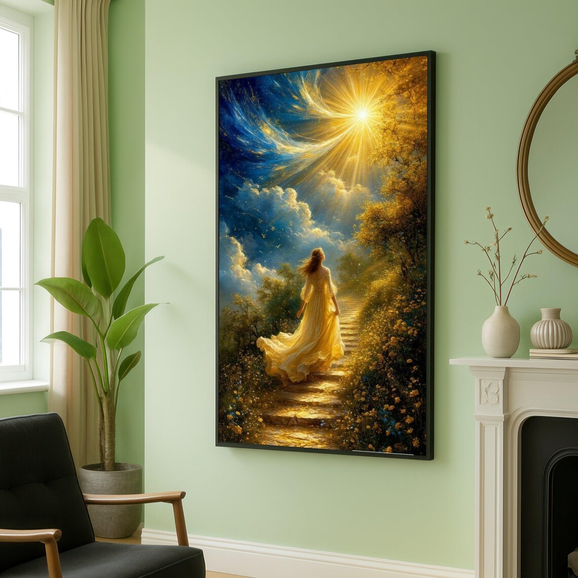 Woman In Flowing Golden Dress Climbing Sunbeam Garden Stairs Poster
