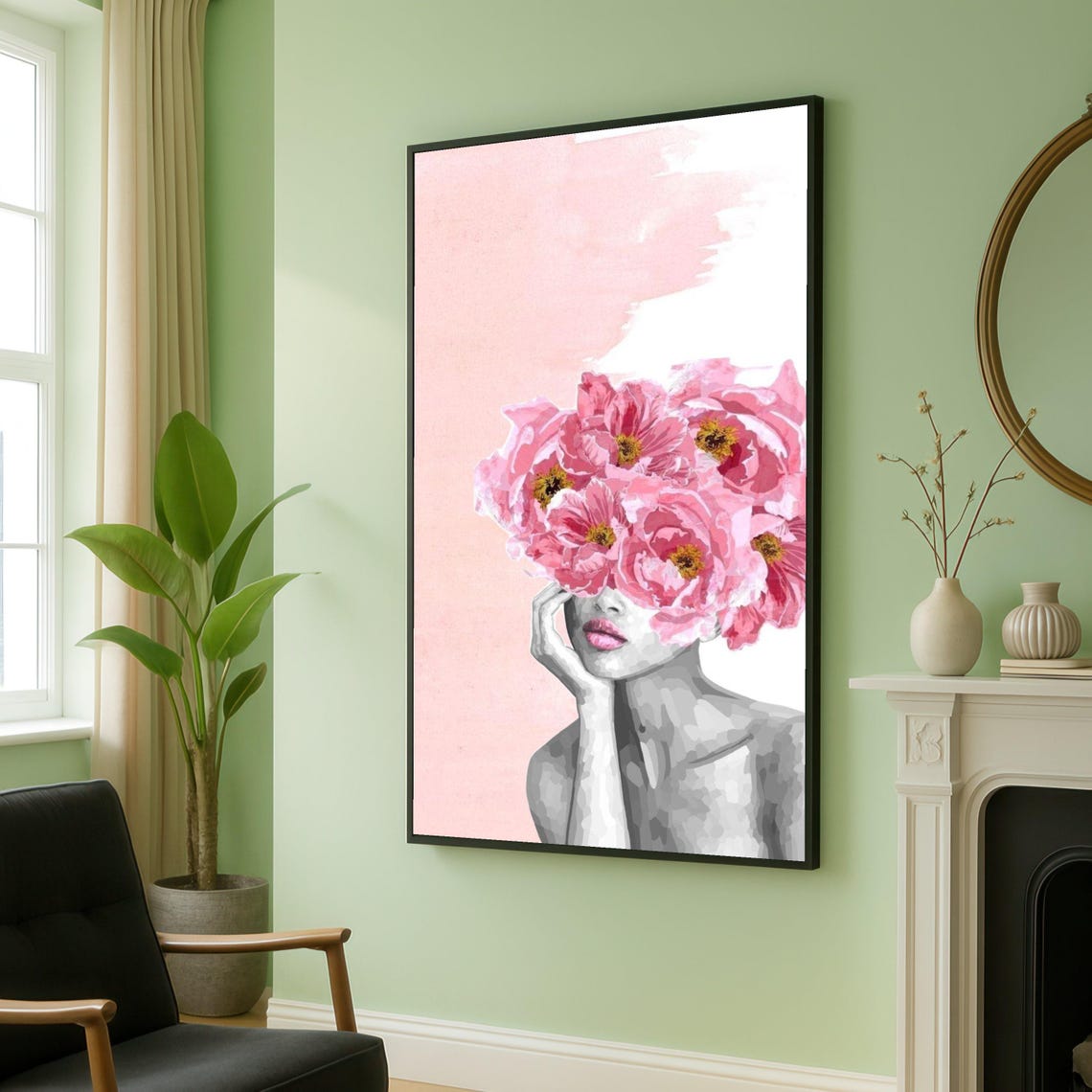 Woman With Pink Floral Crown Grayscale Modern Feminine Wall Art