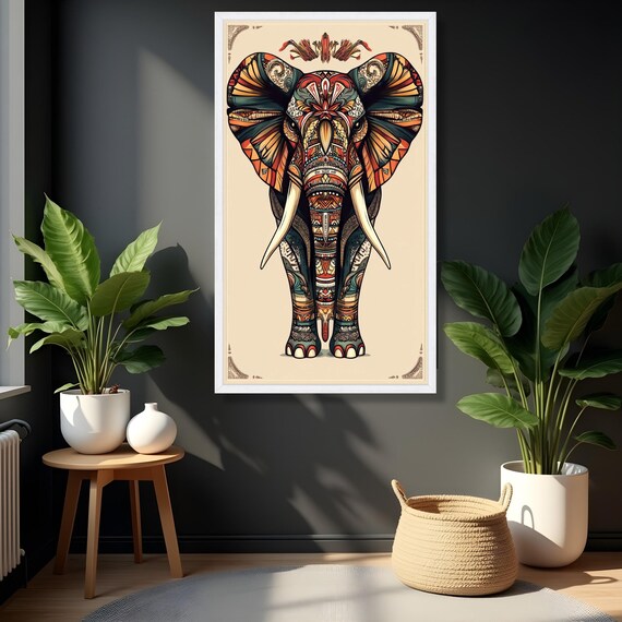 Tribal Elephant Canvas Wall Art Boho Animal Print Colorful Illustration Ethnic Home Decor Modern Wildlife