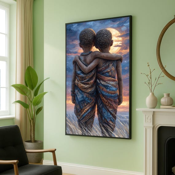 Tribal Friendship Embrace Canvas African Children Art Sunset Landscape Emotional Wall Ethnic Culture Decoration