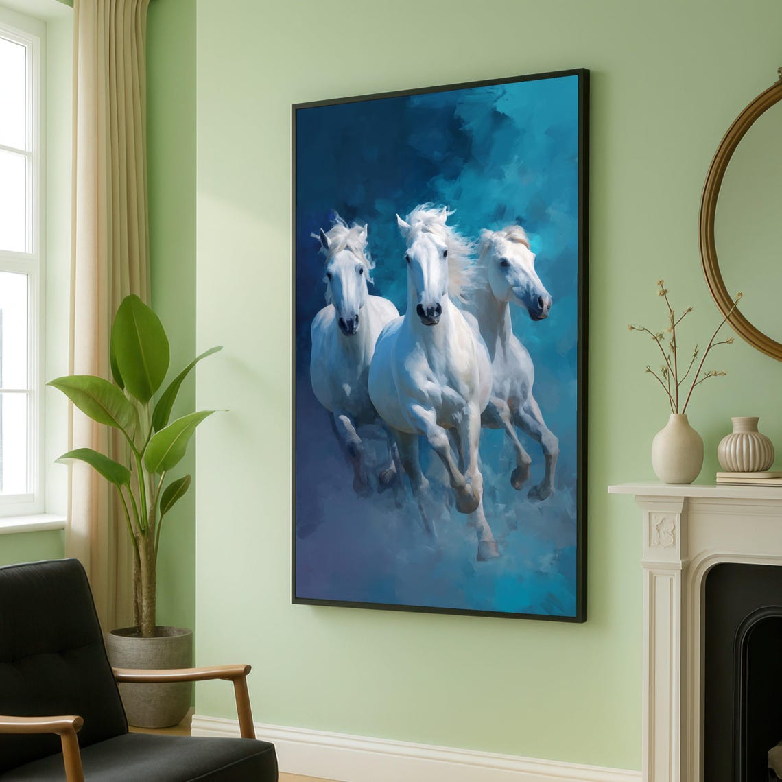 Three White Horses Galloping on Blue Abstract Background Poster