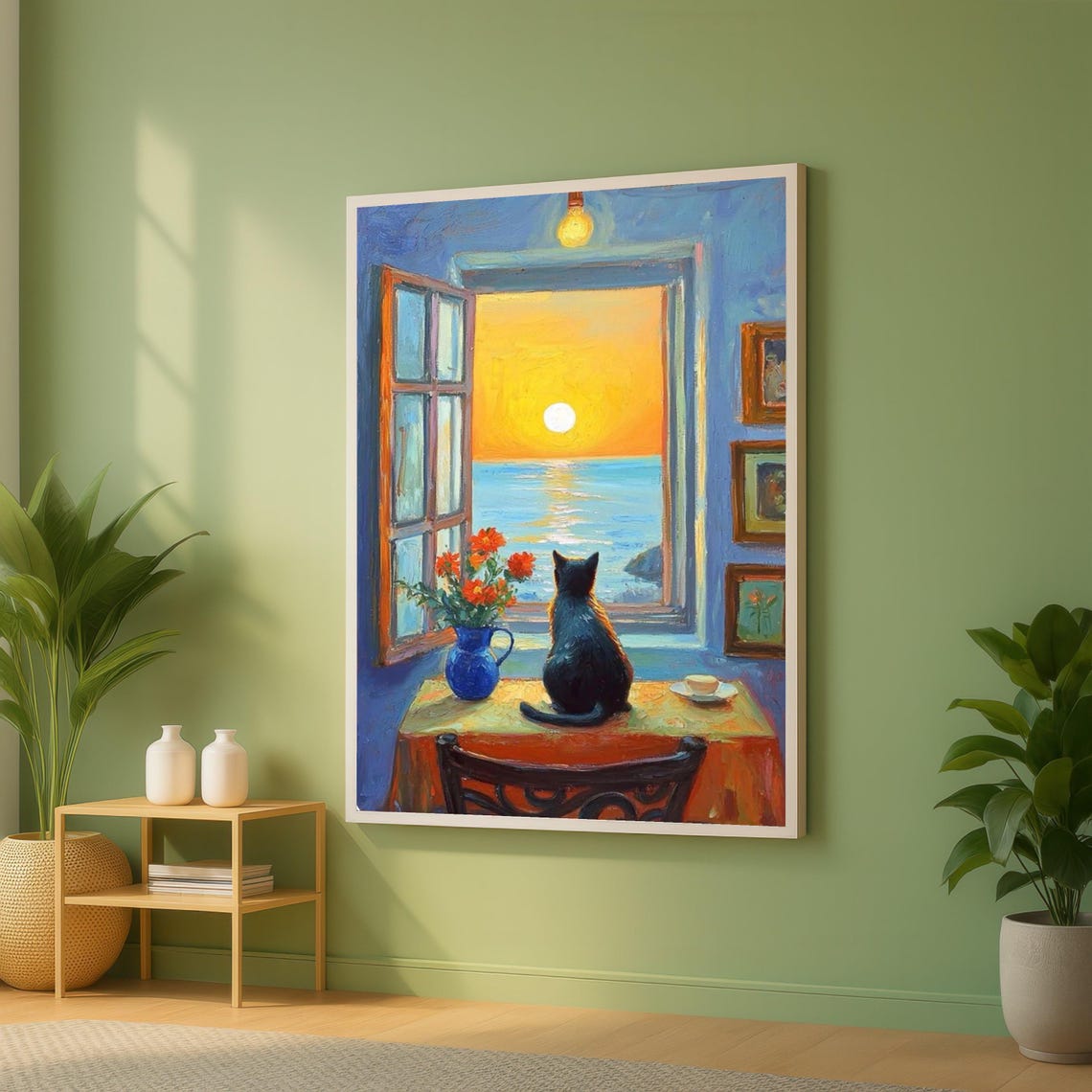 Black Cat Watching Sunset Over The Ocean Still Life Painting Poster