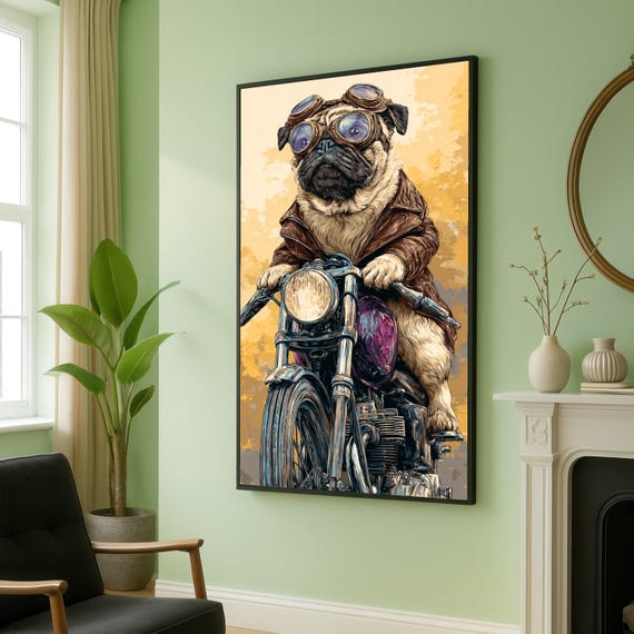 Cool Pug Biker Canvas Wall Art Vintage Motorcycle Dog Print Animal Lover Gift Funny Pet Home Decor Ready To Hang