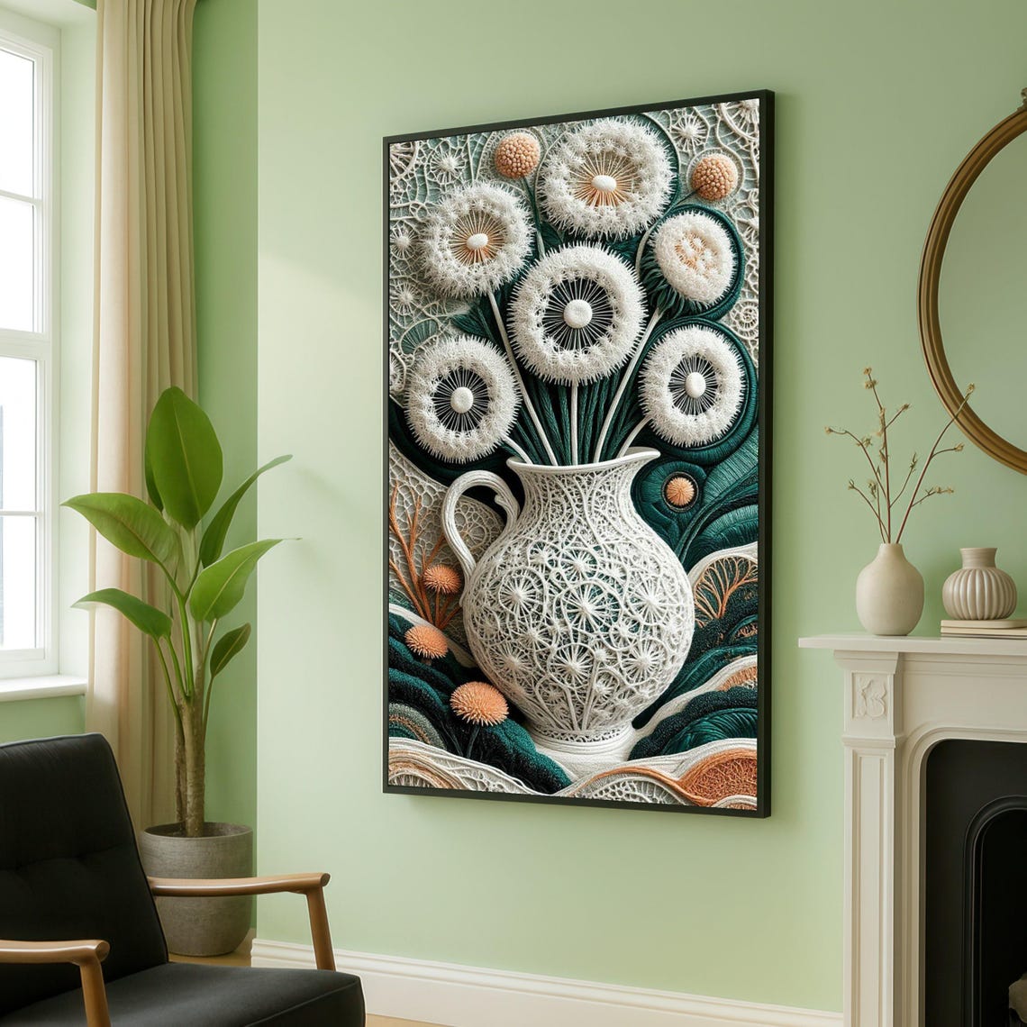 White Dandelion Bouquet Lace Vase Elegant Textured Floral Wall Art