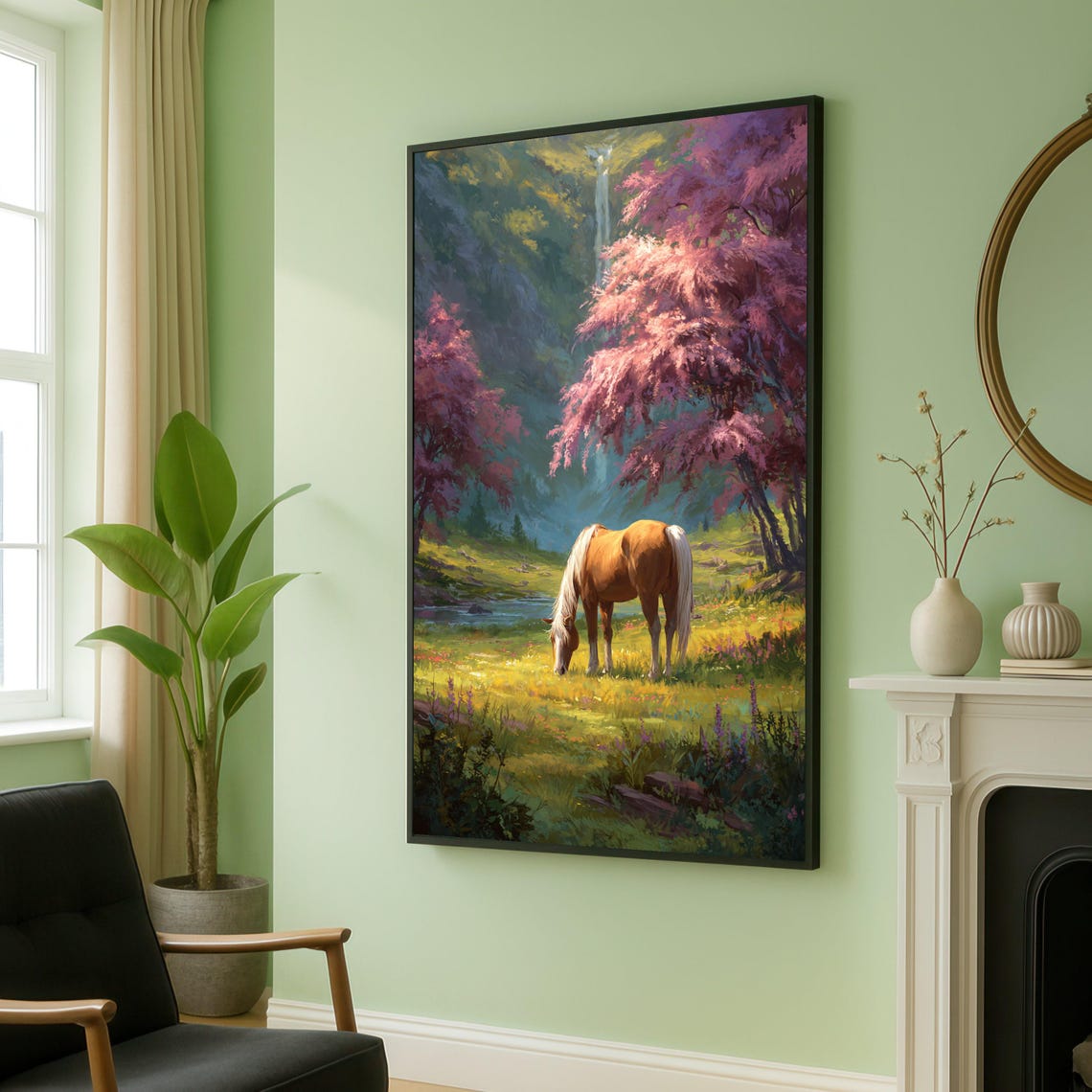 Horse Grazing by Waterfall Cherry Blossom Pasture Art Poster