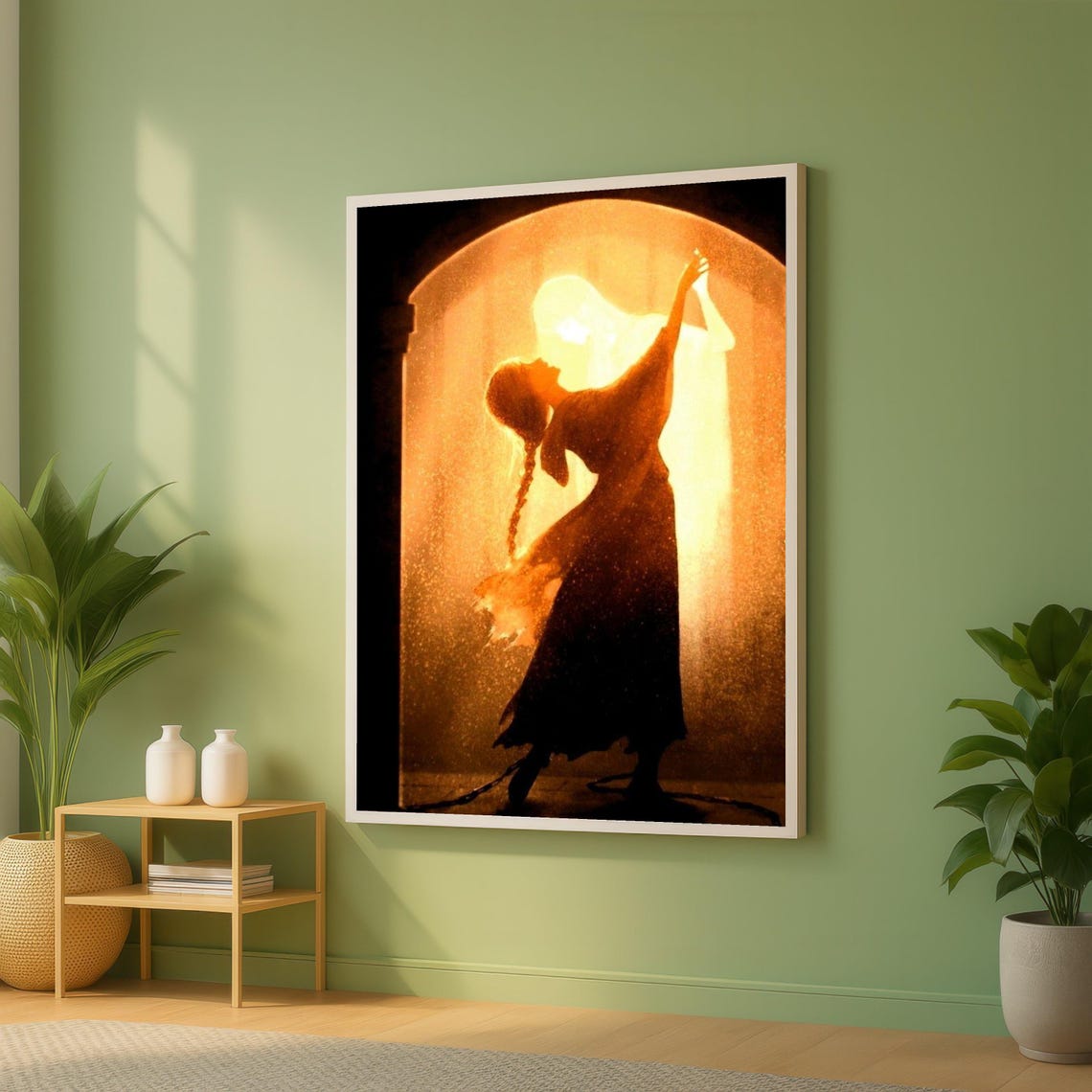 Silhouette Woman Dancing In Golden Light Ethereal Canvas Art Poster