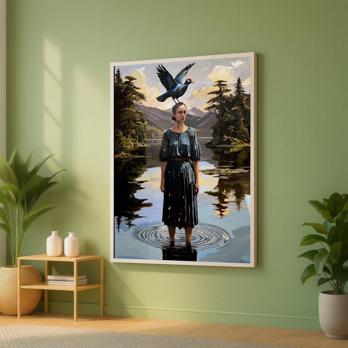 Woman Standing in Lake Bird on Head Mystical Reflective Art Poster
