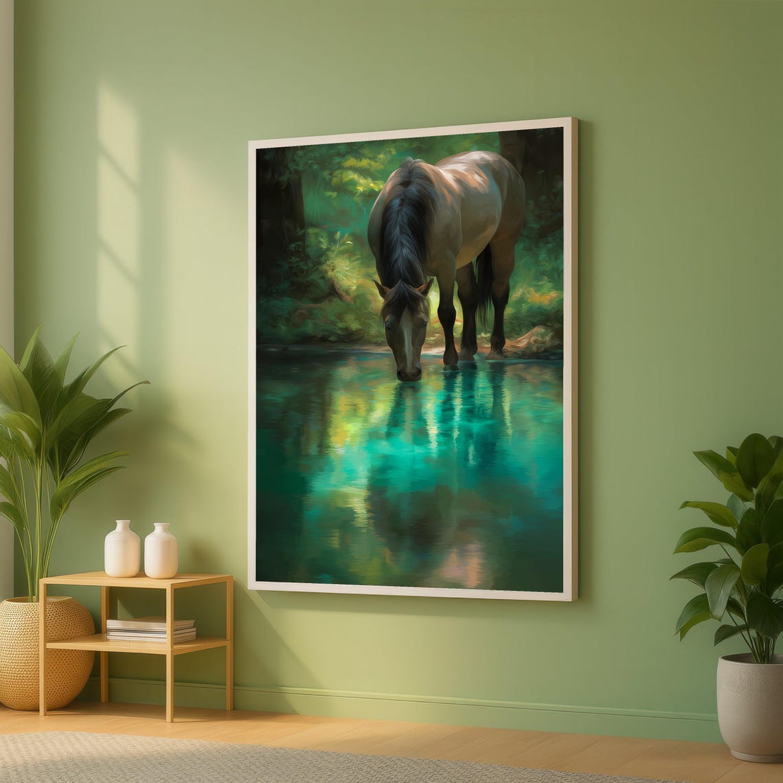 Dark Horse Drinking From a Forest Pool Reflection Painting Poster