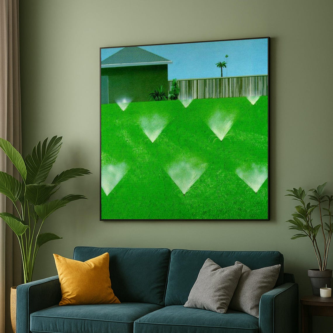 Hockney Style Green Lawn Sprinklers Modern Garden Scene Wall Art