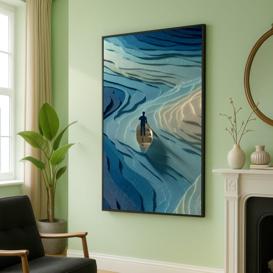 Lone Rower Silhouette Layered Blue Ocean Waves Paper Art Poster