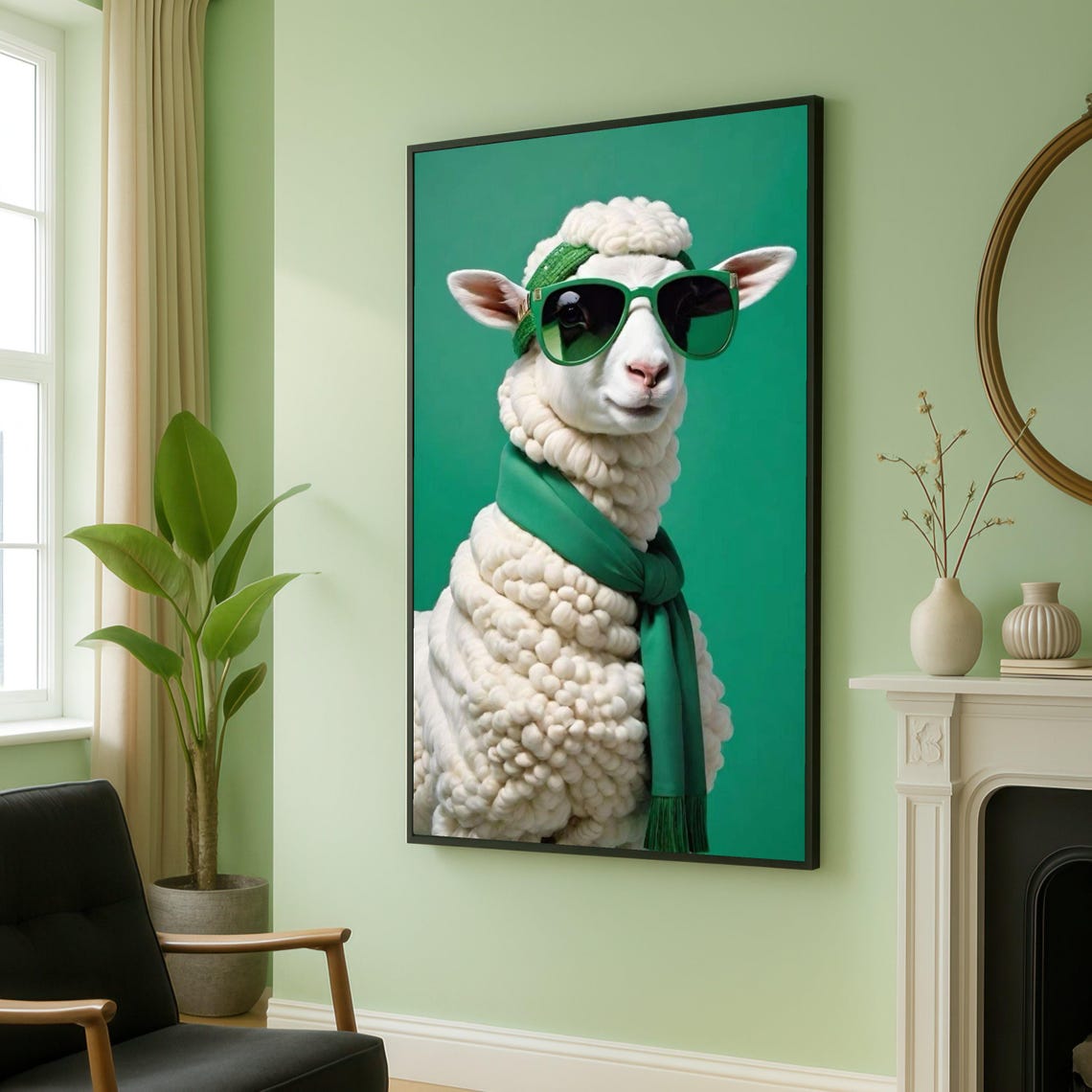 Fluffy Sheep Green Sunglasses Scarf Fun Farmhouse Wall Poster