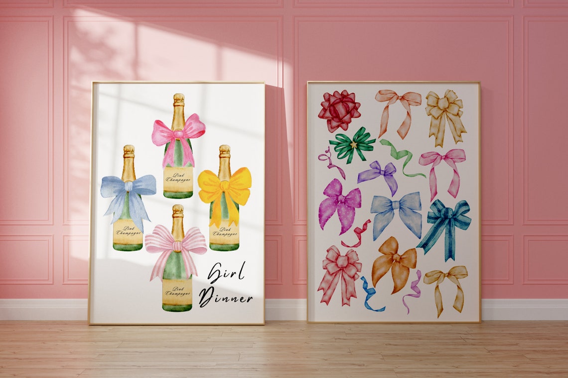 Girl Dinner Pink Champagne Bottles With Bows Watercolor Kitchen Poster - Image 2