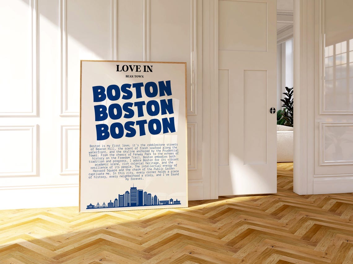 Love In Bean Town Boston Typography Blue Skyline Travel Poster - Image 2