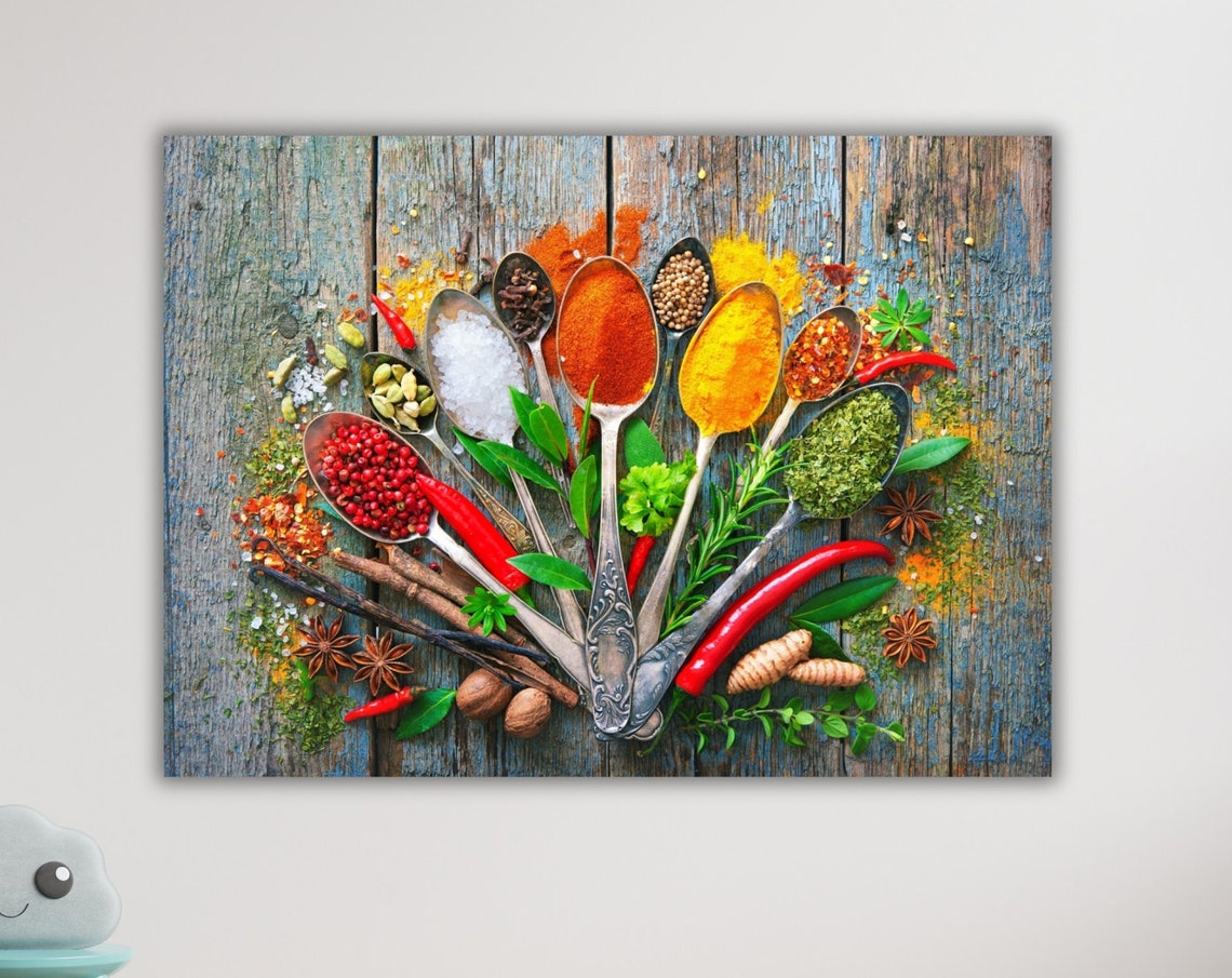 Kitchen Spice Spoons Rustic Wood Colorful Herbs Cooking Decor Poster