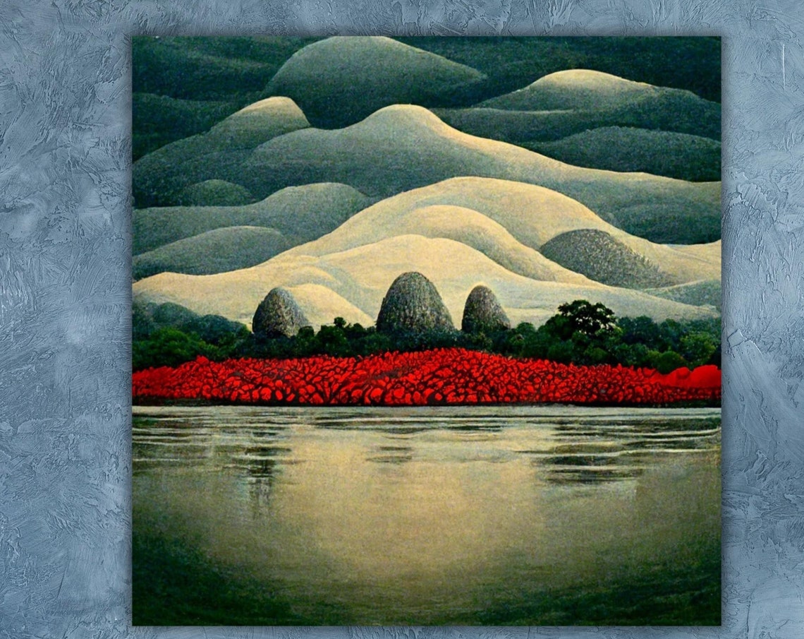 Moonlit Desert Dunes Red Poppy Field Lake Reflection Landscape Poster