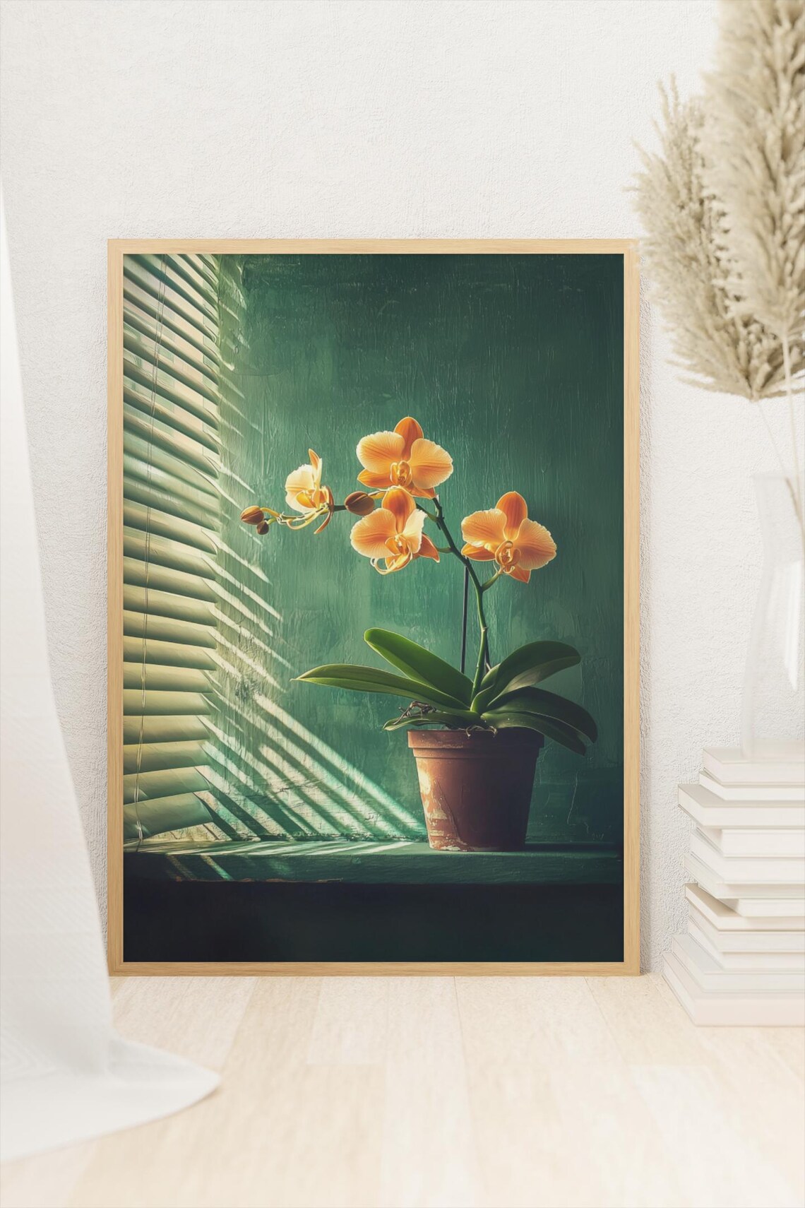 Orange Orchid Still Life in Emerald Green Room Vintage Botanical Print