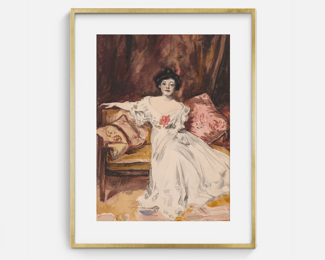 Victorian Watercolor Portrait Woman White Gown Reclining Chaise Lounge Art Print - Image 2