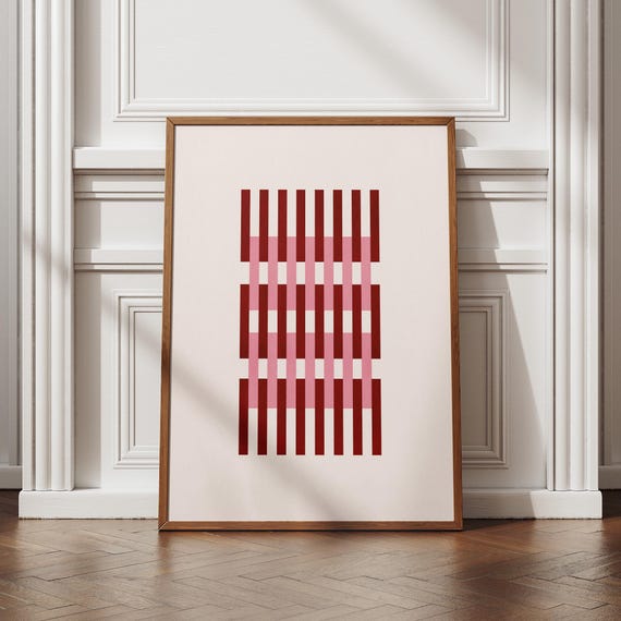 Geometric Grid Wall Art Red And Pink Minimalist Abstract Poster Modern Vertical Line Pattern Large Home Decor