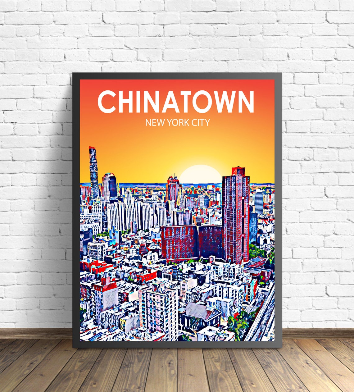 Chinatown New York City City Sunset Night Landscape Poster Print Chinatown City Framed Wall Art United States Colorful Skyline Sketch