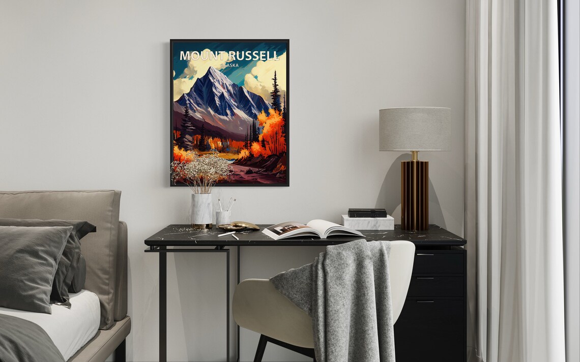 Mount Russell Alaska Jagged Snowy Peak Golden Larches Art Poster - Image 2