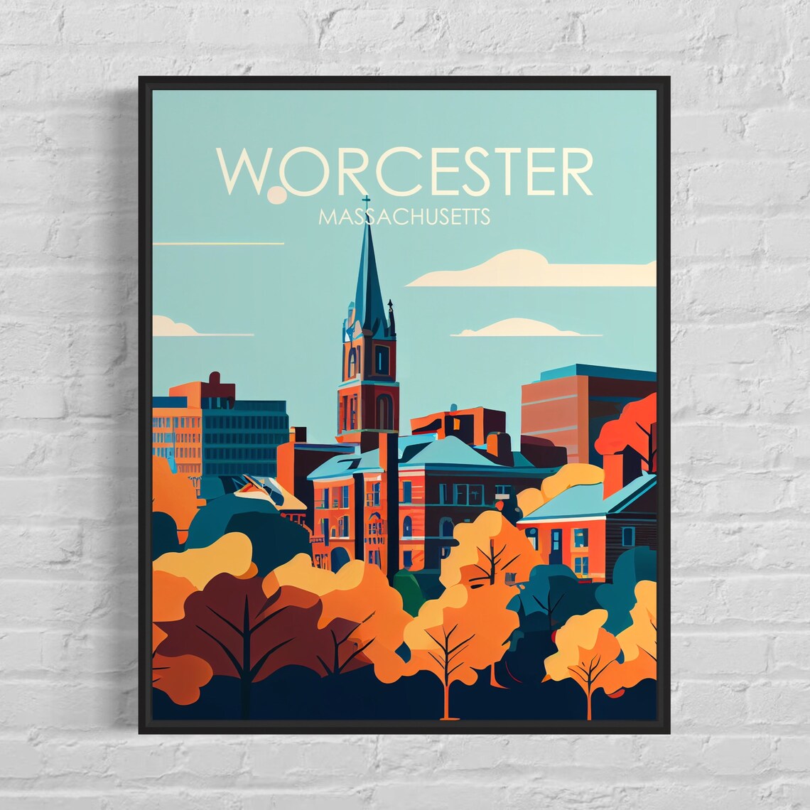 Worcester Massachusetts Autumn Skyline Retro New England Art Poster