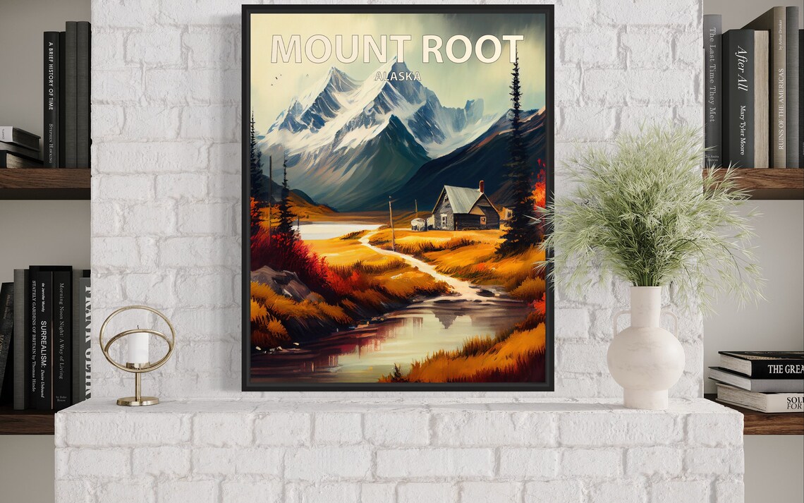 Mount Root Alaska Cabin Streamside Golden Meadow Autumn Art Poster - Image 3