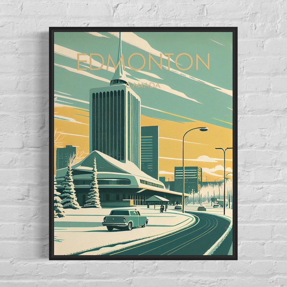 Edmonton Canada Snowy Downtown Winter Vintage Illustration Poster