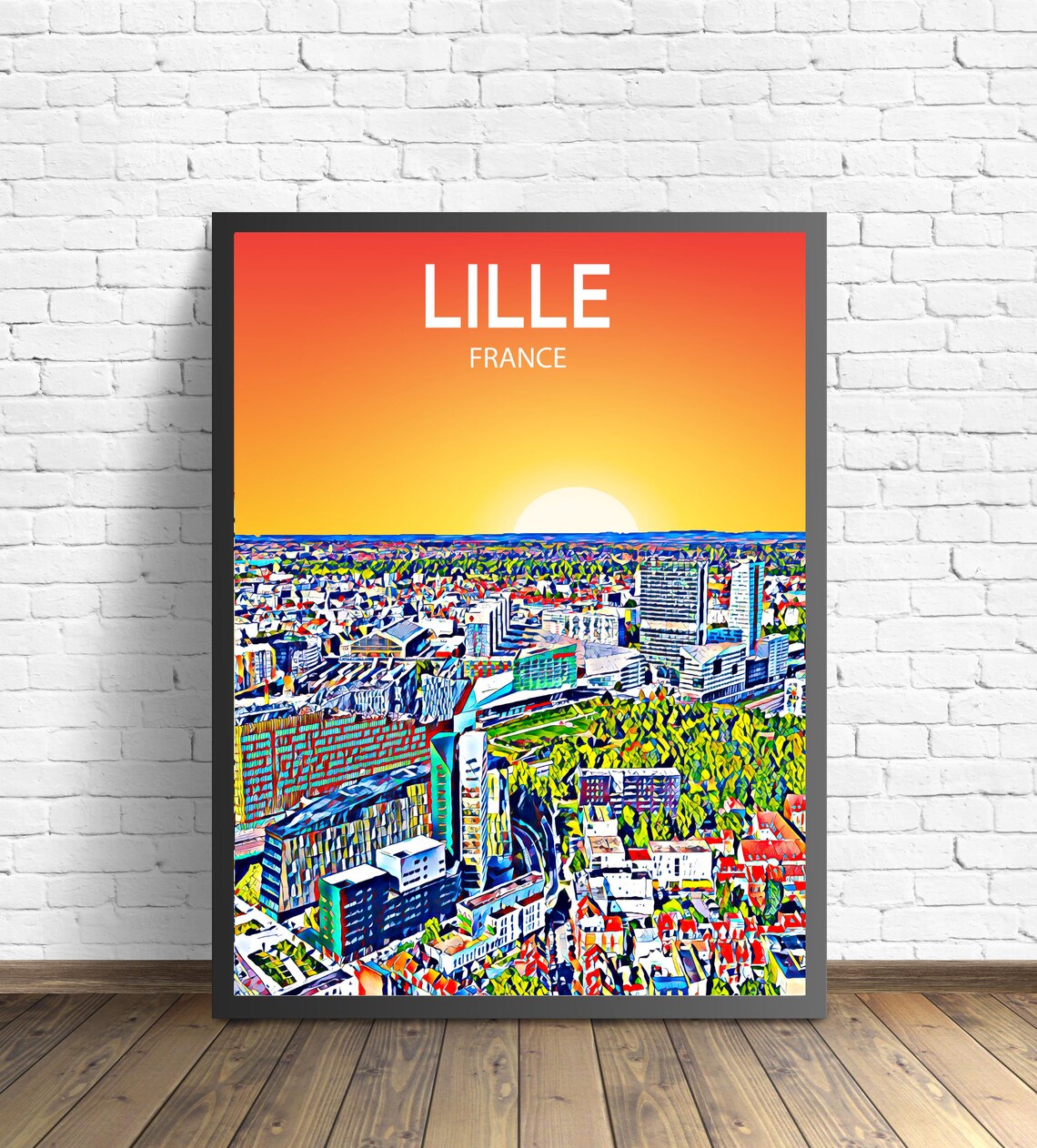 Lille France Sunset Skyline Vibrant Mosaic Cityscape Art Poster