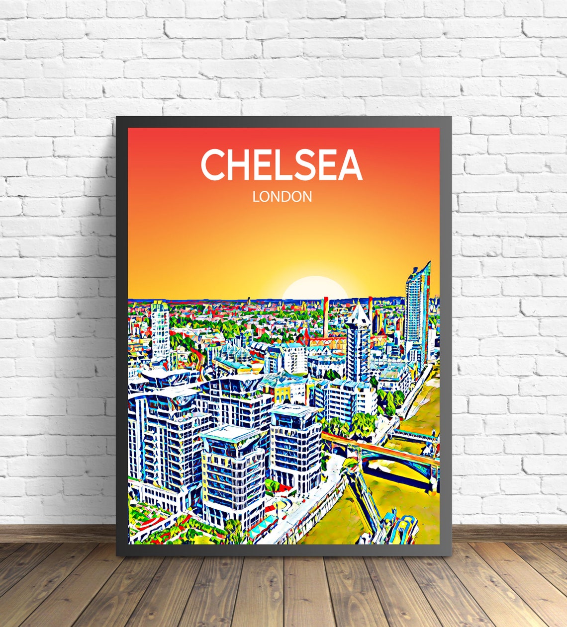 Chelsea London Sunset Riverside Towers Skyline Painted Art Poster