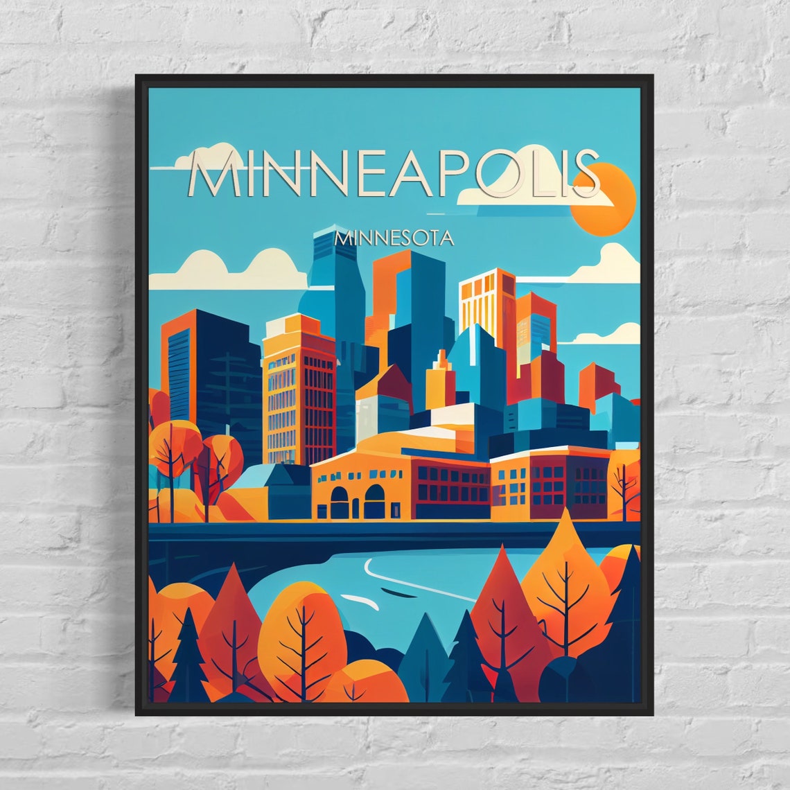 Minneapolis Minnesota Downtown Skyline Autumn Trees Retro Poster