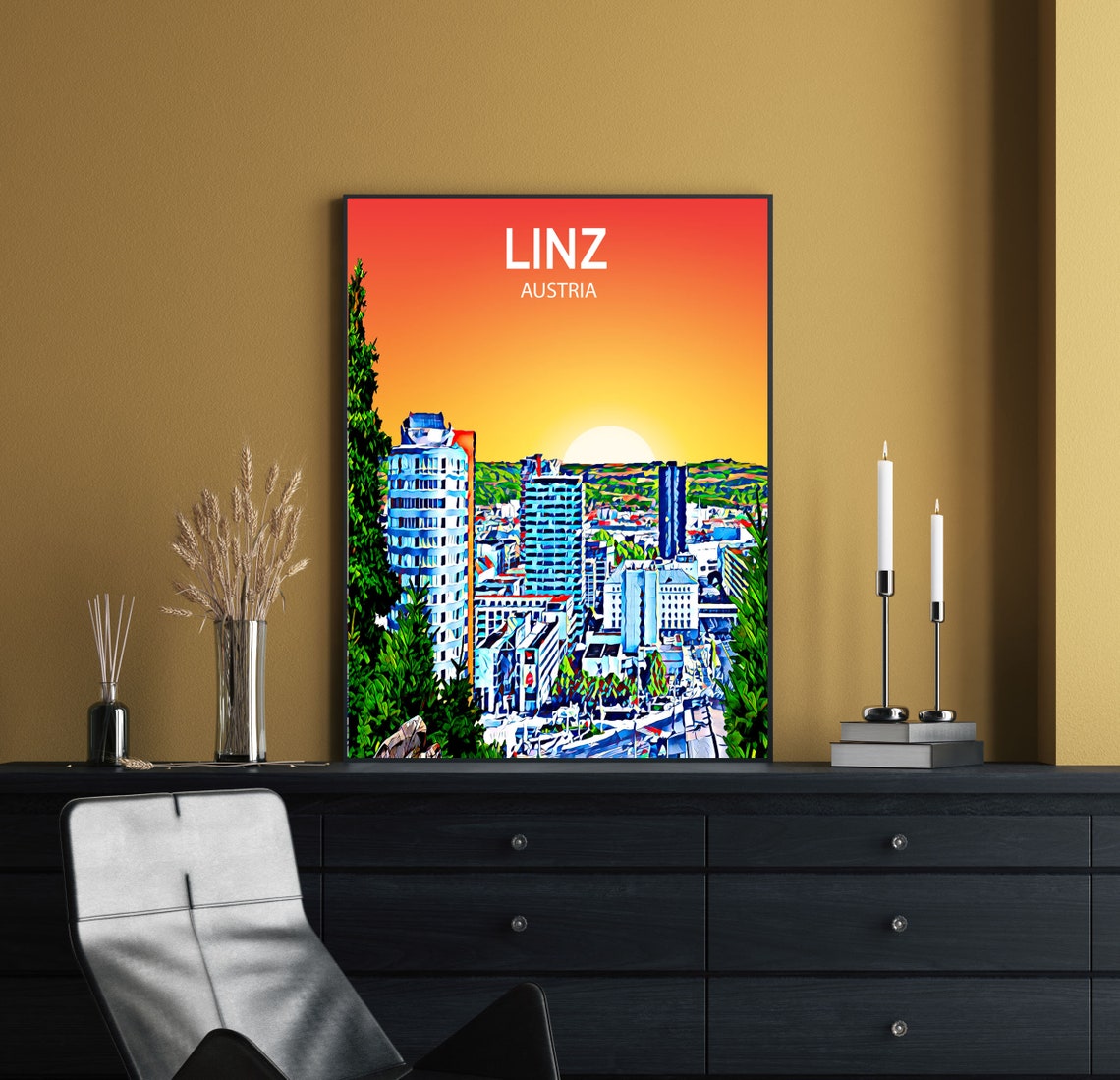 Linz Austria Sunset Skyline Vibrant Mosaic Cityscape Art Poster - Image 2