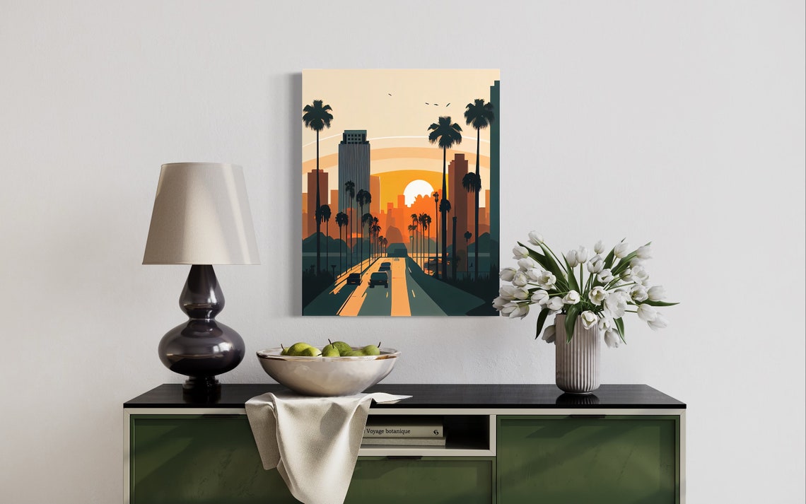 Los Angeles Sunset Palm Tree Boulevard Downtown Skyline Poster - Image 3