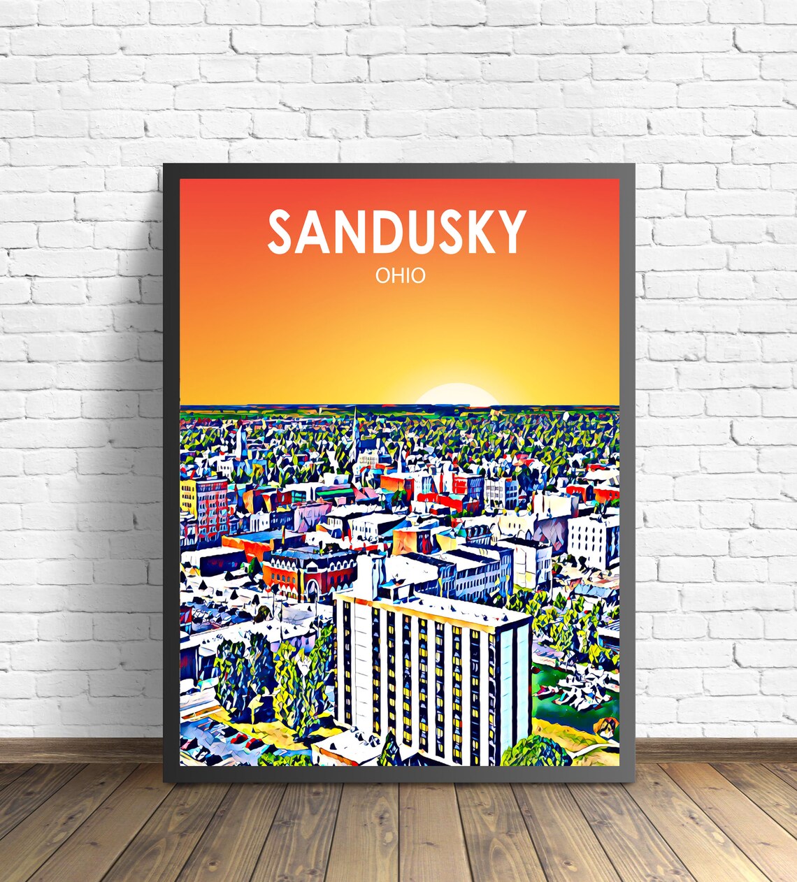 Sandusky Ohio Sunset Downtown Aerial City View Painted Art Poster